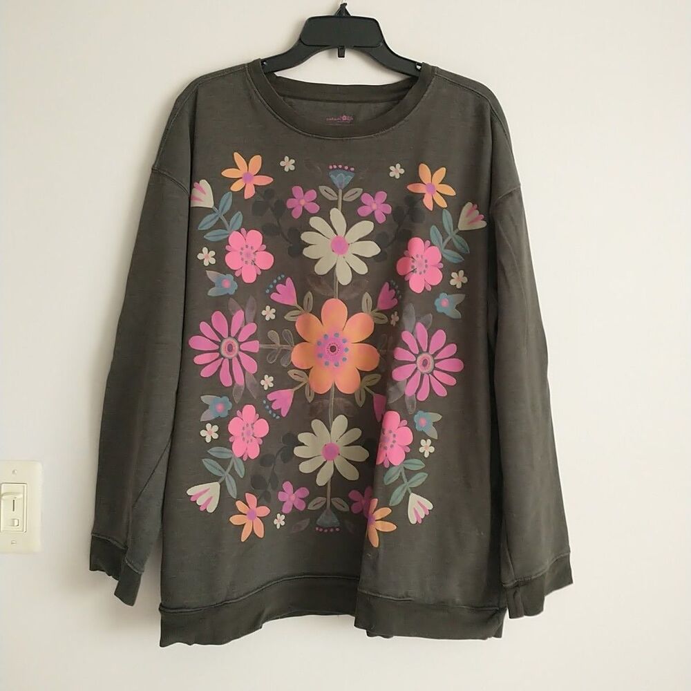 NATURAL LIFE Sweatshirt Womens 2XL Green Floral Pullover Pocket Comfy Boho